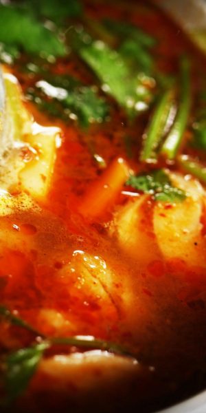 Close-up of flavorful Thai Tom Yum soup with aromatic herbs in a metal bowl.